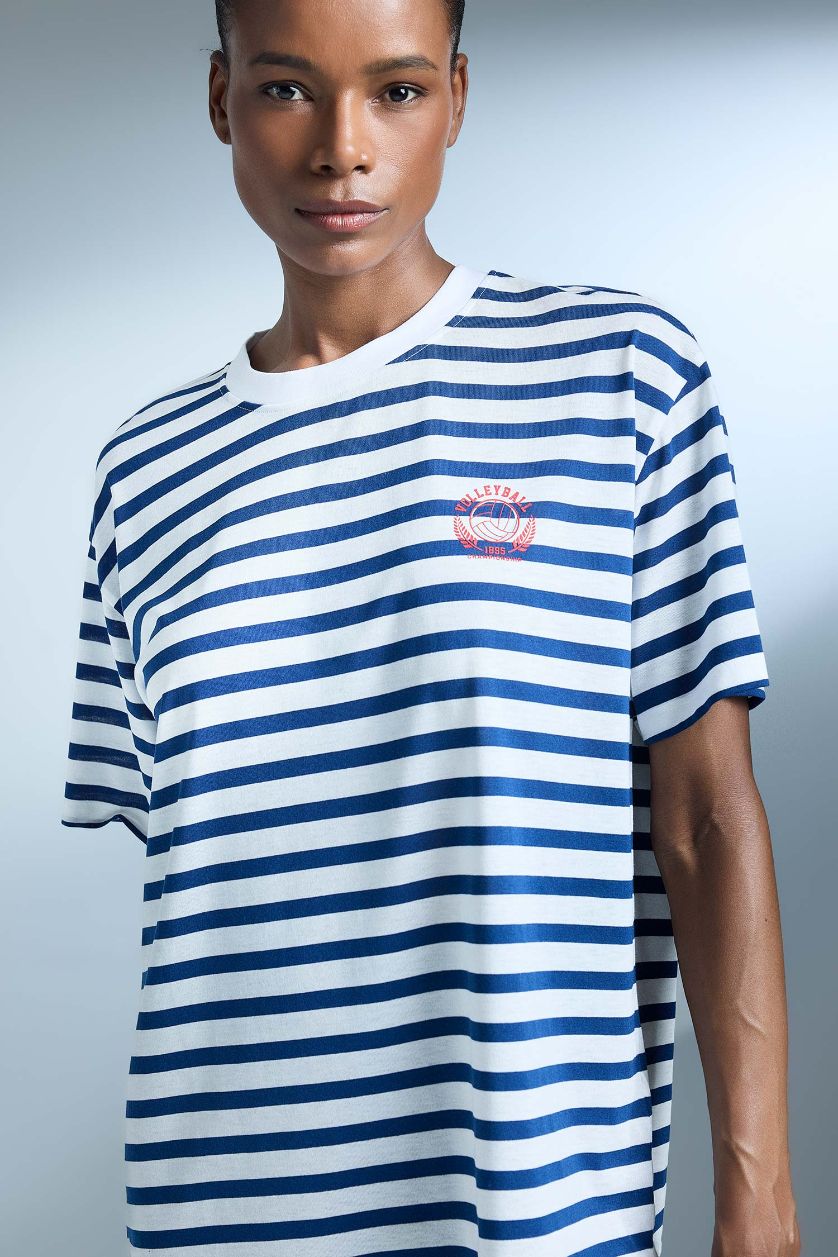 Kadın Lacivert Oversize Geniş Kalıp Bisiklet Yaka Çizgili Sporcu Kısa Kollu Tişört