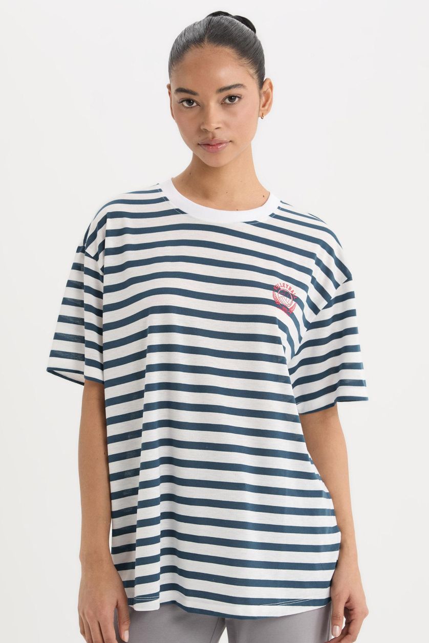 Kadın Lacivert Oversize Geniş Kalıp Bisiklet Yaka Çizgili Sporcu Kısa Kollu Tişört