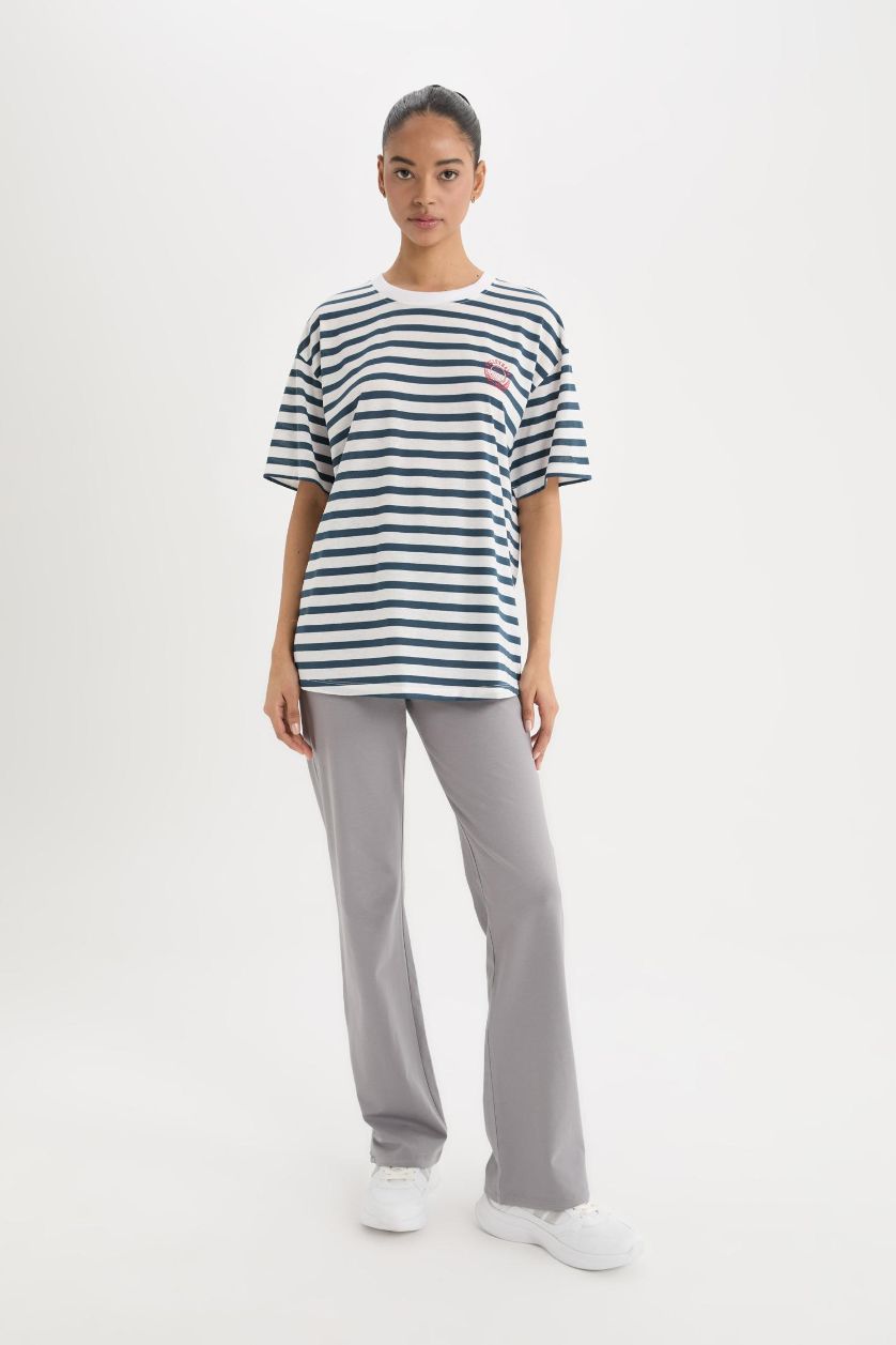 Kadın Lacivert Oversize Geniş Kalıp Bisiklet Yaka Çizgili Sporcu Kısa Kollu Tişört