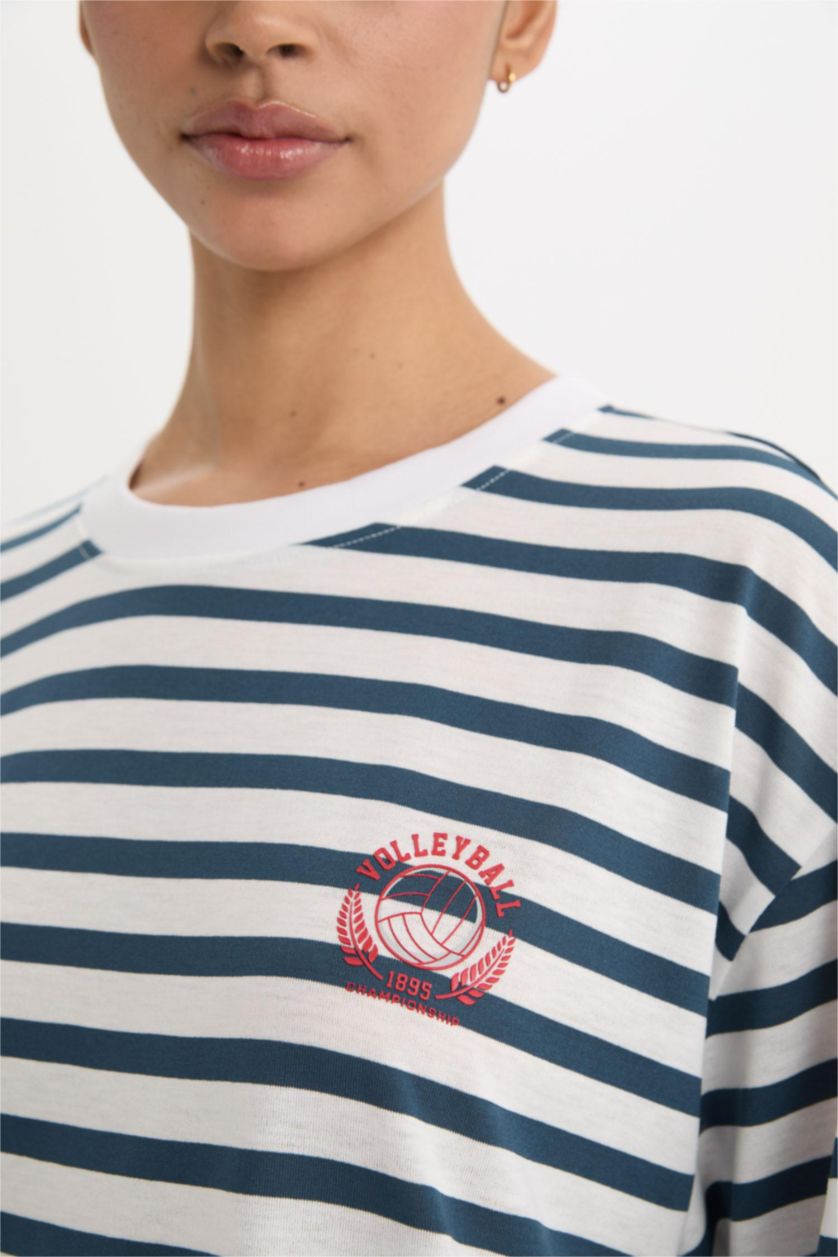 Kadın Lacivert Oversize Geniş Kalıp Bisiklet Yaka Çizgili Sporcu Kısa Kollu Tişört