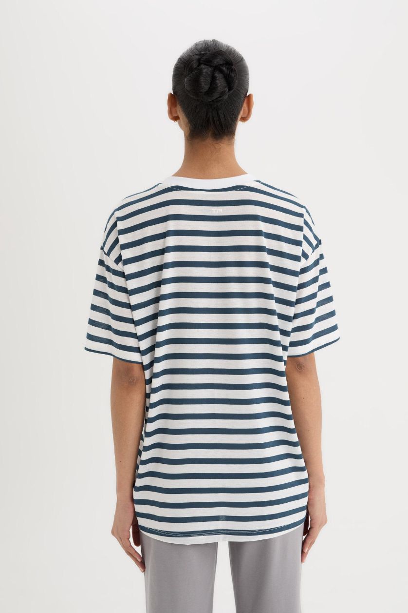 Kadın Lacivert Oversize Geniş Kalıp Bisiklet Yaka Çizgili Sporcu Kısa Kollu Tişört
