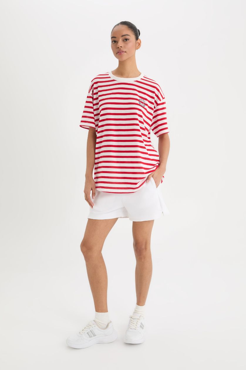 Kadın Kırık Beyaz Oversize Geniş Kalıp Bisiklet Yaka Çizgili Sporcu Kısa Kollu Tişört