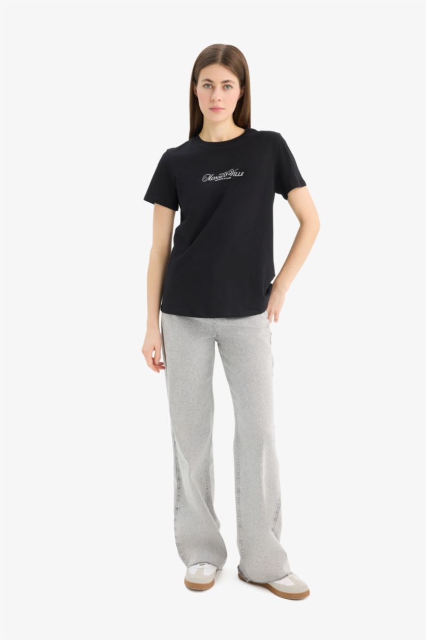 حريمي أسود تيشيرت نص كم قصة عادية مطبوع برقبة مستديرة