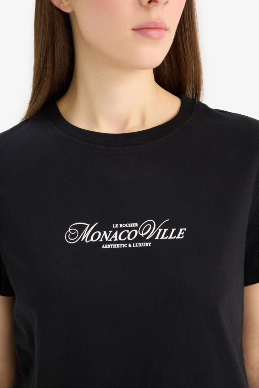 حريمي أسود تيشيرت نص كم قصة عادية مطبوع برقبة مستديرة