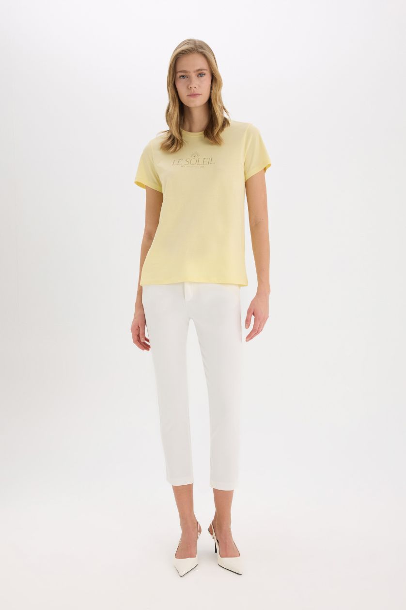 نساء أصفر فاتح تيشيرت نص كم قصة عادية برقبة مستديرة