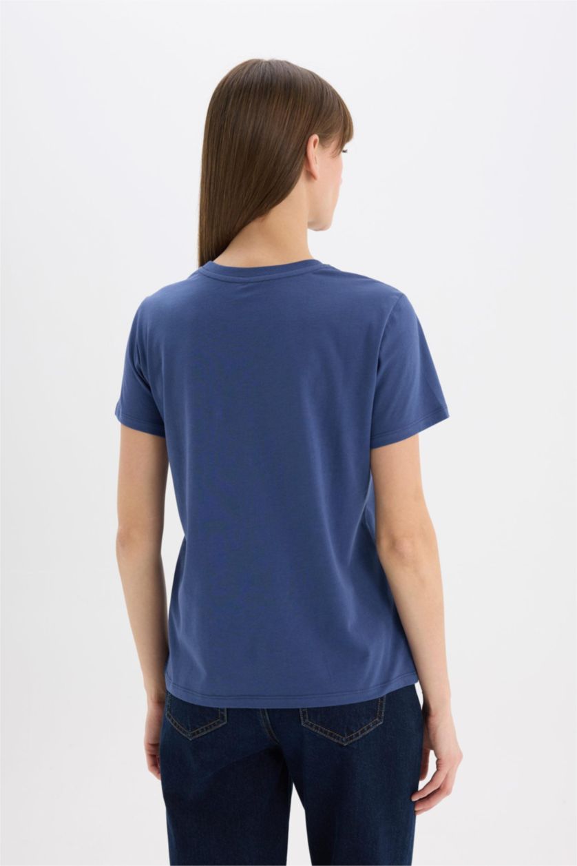 Kadın İndigo Regular Fit Bisiklet Yaka Baskılı Penye Kısa Kollu Tişört