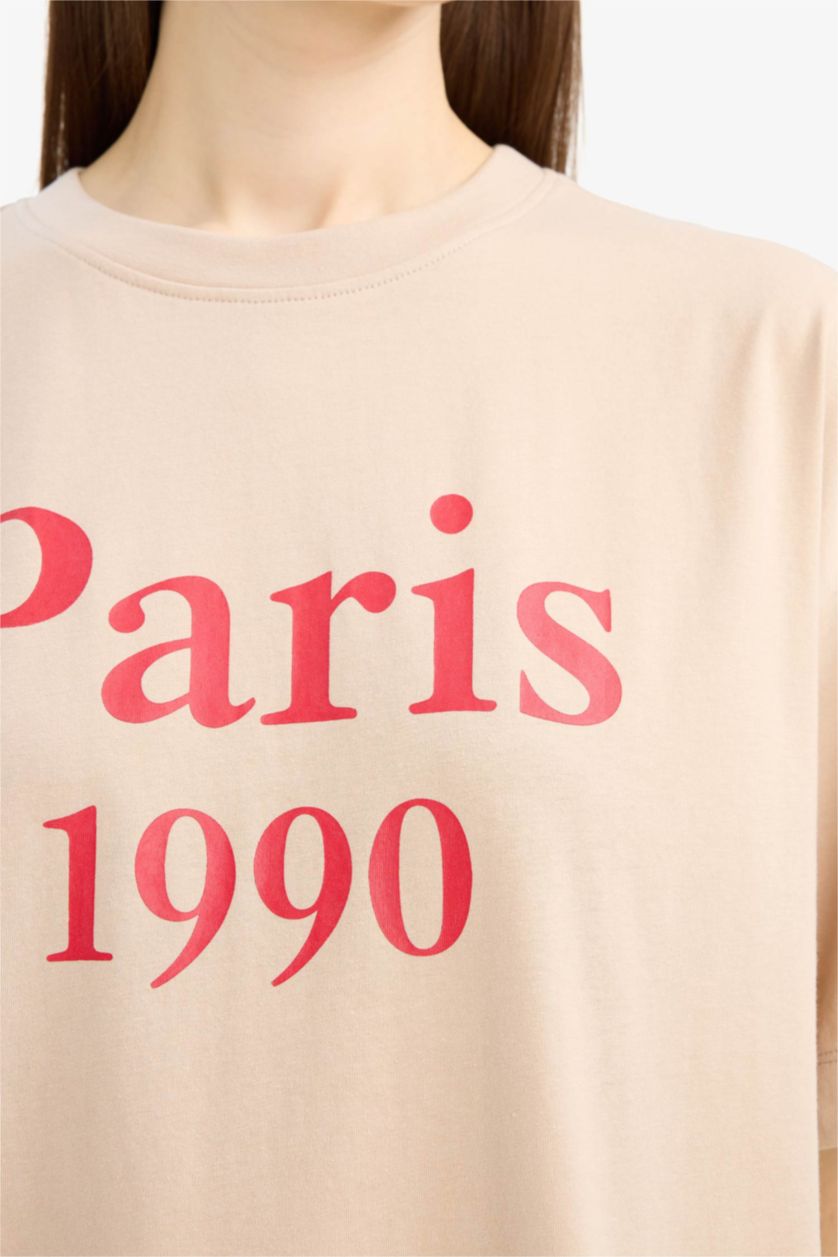 نساء اللون الرملي تيشيرت نص ردن اوفر سايز بياخة مستديرة بطبعة شعار