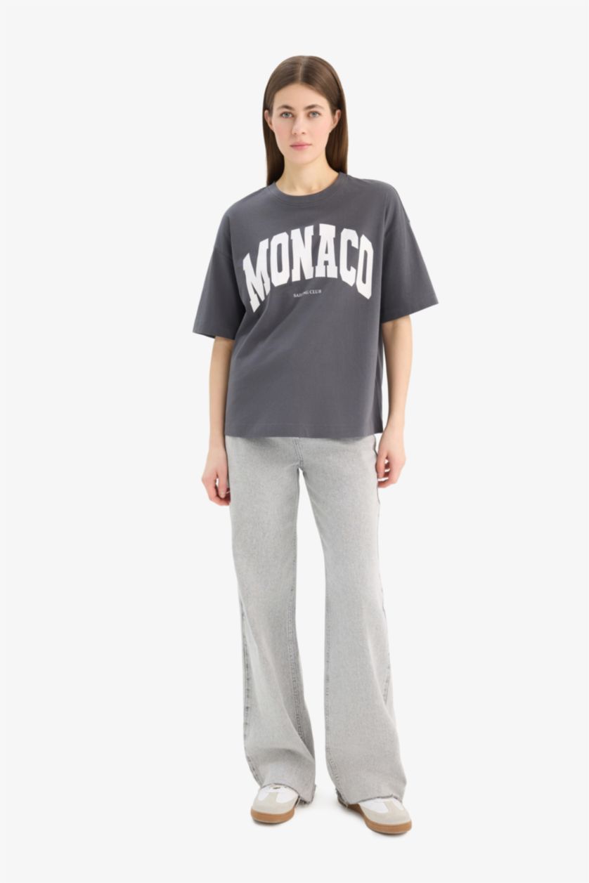 Kadın Antrasit Oversize Geniş Kalıp Bisiklet Yaka Baskılı Penye Kısa Kollu Tişört