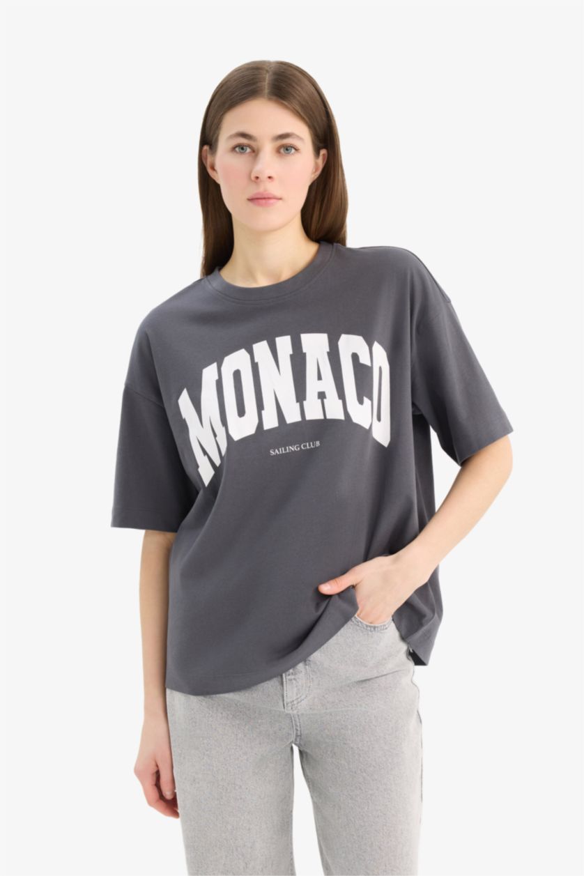 Kadın Antrasit Oversize Geniş Kalıp Bisiklet Yaka Baskılı Penye Kısa Kollu Tişört