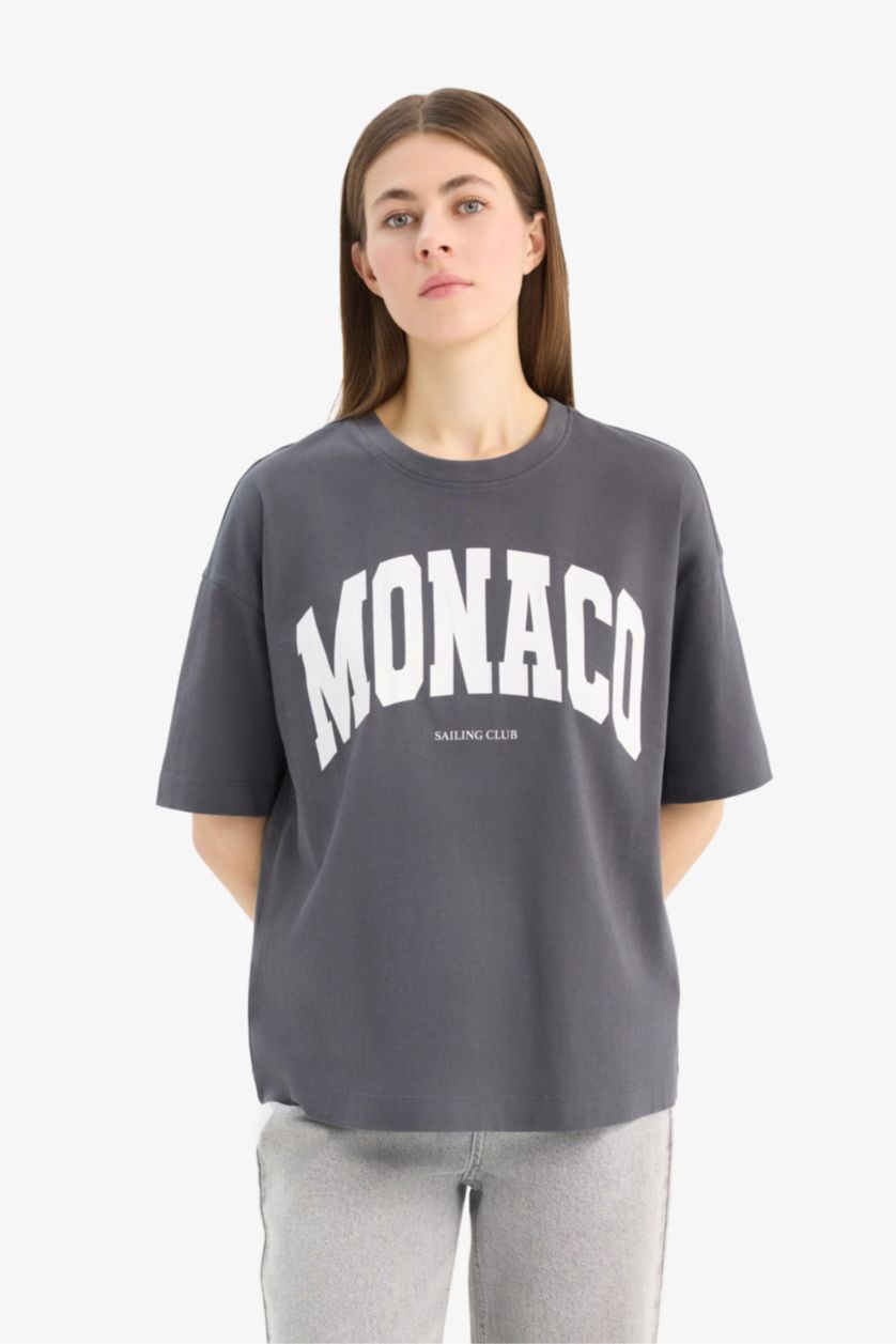 Kadın Antrasit Oversize Geniş Kalıp Bisiklet Yaka Baskılı Penye Kısa Kollu Tişört