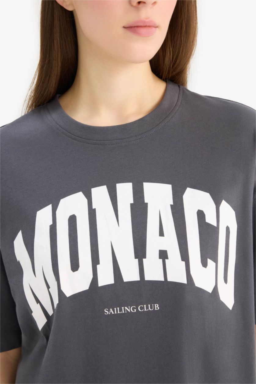 Kadın Antrasit Oversize Geniş Kalıp Bisiklet Yaka Baskılı Penye Kısa Kollu Tişört