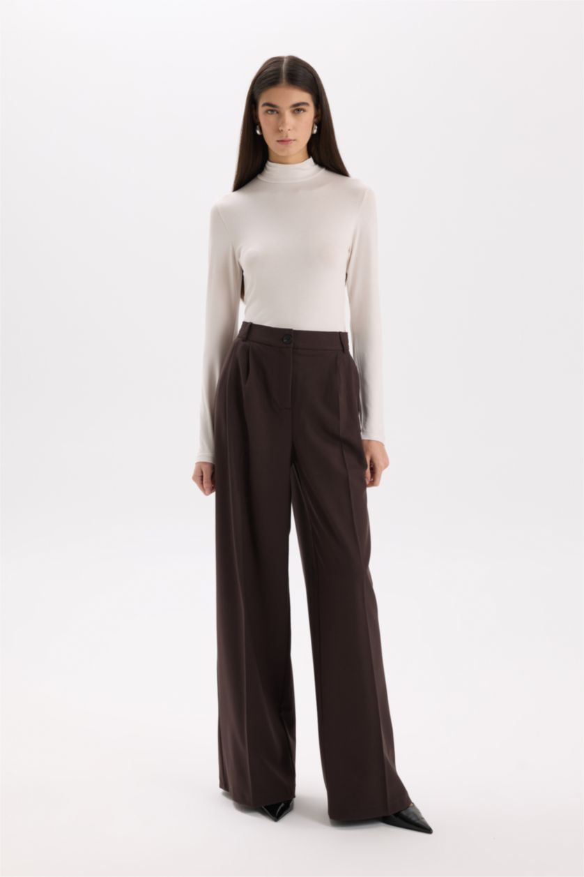 Kadın Kahve Wide Leg Kışlık Pantolon Geniş Paça Pensli Cepli Yüksek Bel Uzun Boy