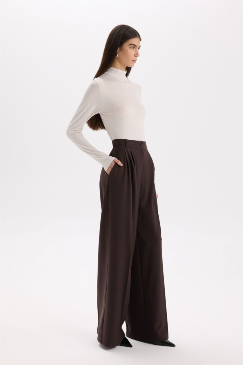 Kadın Kahve Wide Leg Kışlık Pantolon Geniş Paça Pensli Cepli Yüksek Bel Uzun Boy