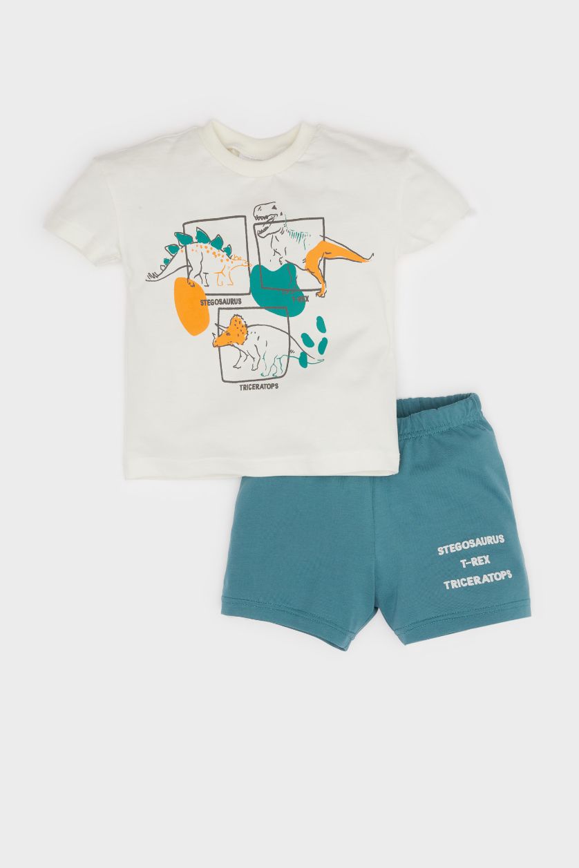 Erkek Bebek Ekru 2'li Takım Dinozor Baskılı Kısa Kollu Tişört Beli Lastikli Şort Erkek Bebek