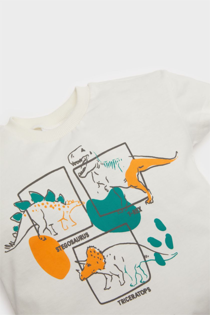 Erkek Bebek Ekru 2'li Takım Dinozor Baskılı Kısa Kollu Tişört Beli Lastikli Şort Erkek Bebek