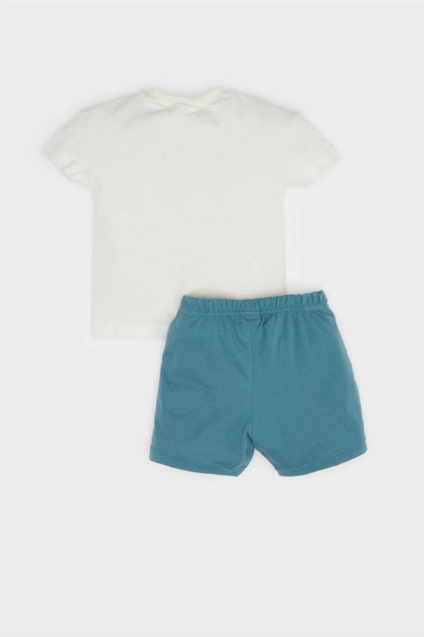 Erkek Bebek Ekru 2'li Takım Dinozor Baskılı Kısa Kollu Tişört Beli Lastikli Şort Erkek Bebek