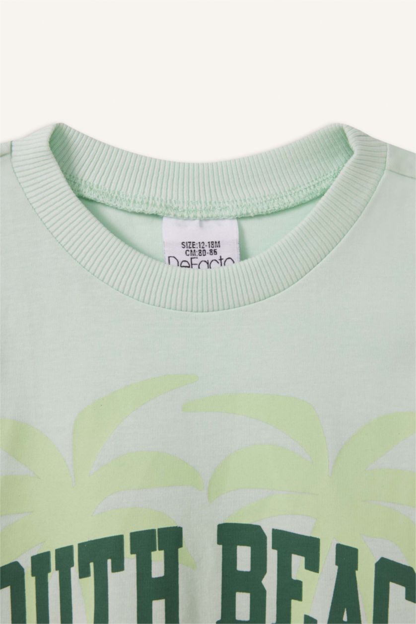 Erkek Bebek Deniz Mavisi 2'li Takım Baskılı Kısa Kollu Tişört Beli Lastikli Şort Erkek Bebek