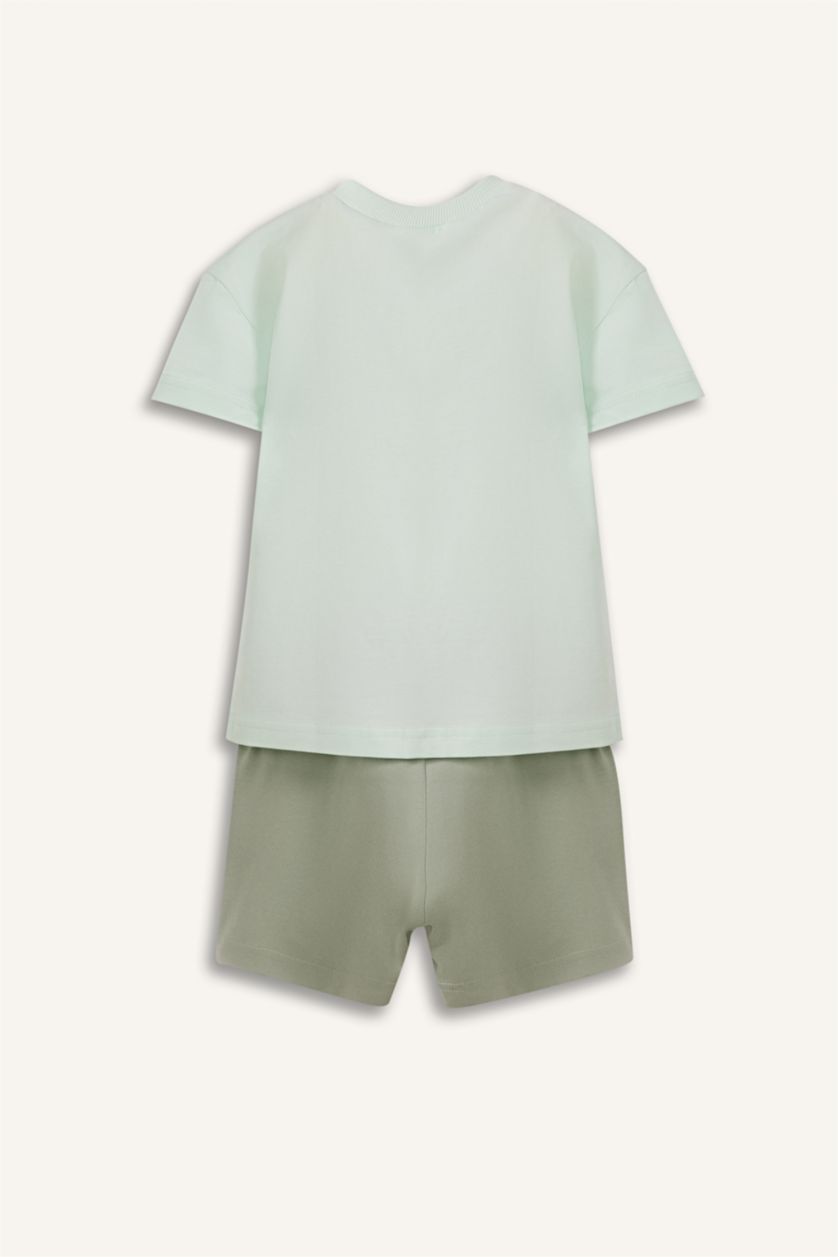 Erkek Bebek Deniz Mavisi 2'li Takım Baskılı Kısa Kollu Tişört Beli Lastikli Şort Erkek Bebek