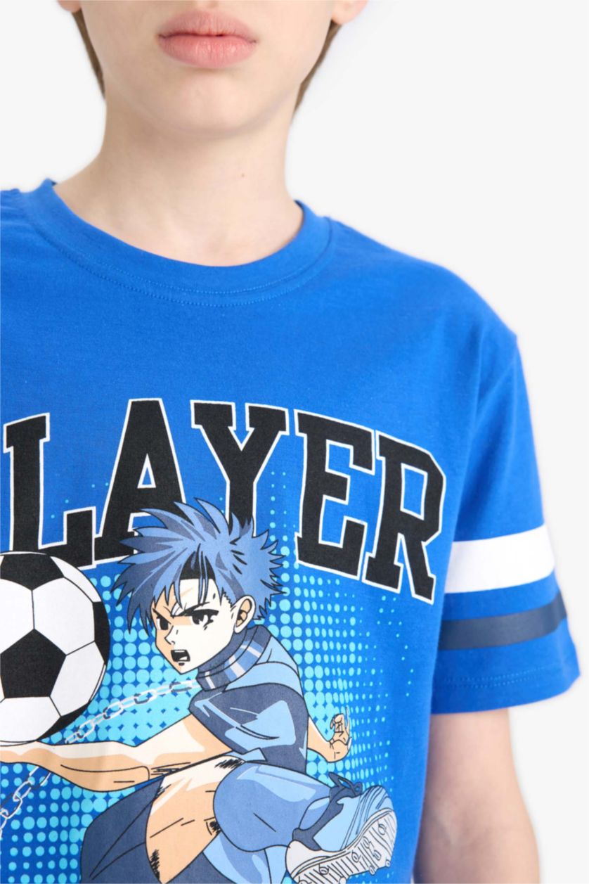 Erkek Çocuk - Genç Erkek Mavi 2'li Takım Kısa Kollu Baskılı Tişört Beli Lastikli Şort Erkek Çocuk