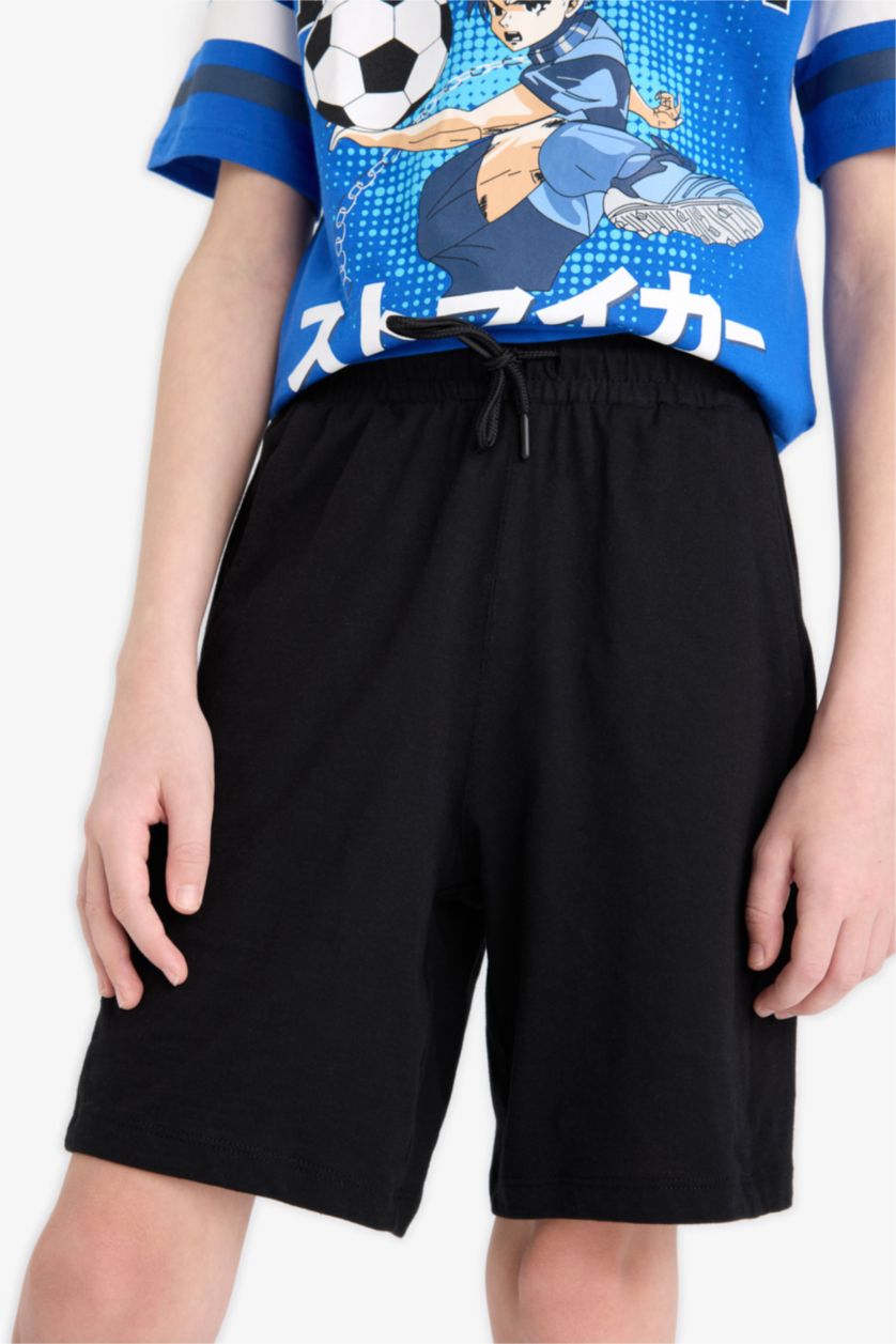 Erkek Çocuk - Genç Erkek Mavi 2'li Takım Kısa Kollu Baskılı Tişört Beli Lastikli Şort Erkek Çocuk