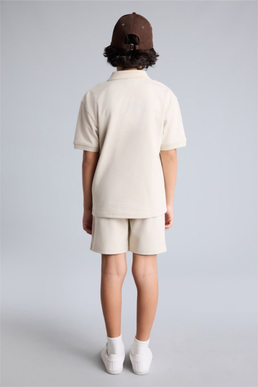 Erkek Çocuk - Genç Erkek Bej 2'li Takım Polo Yaka Baskılı Kısa Kollu Tişört Beli Lastikli Şort Erkek Çocuk