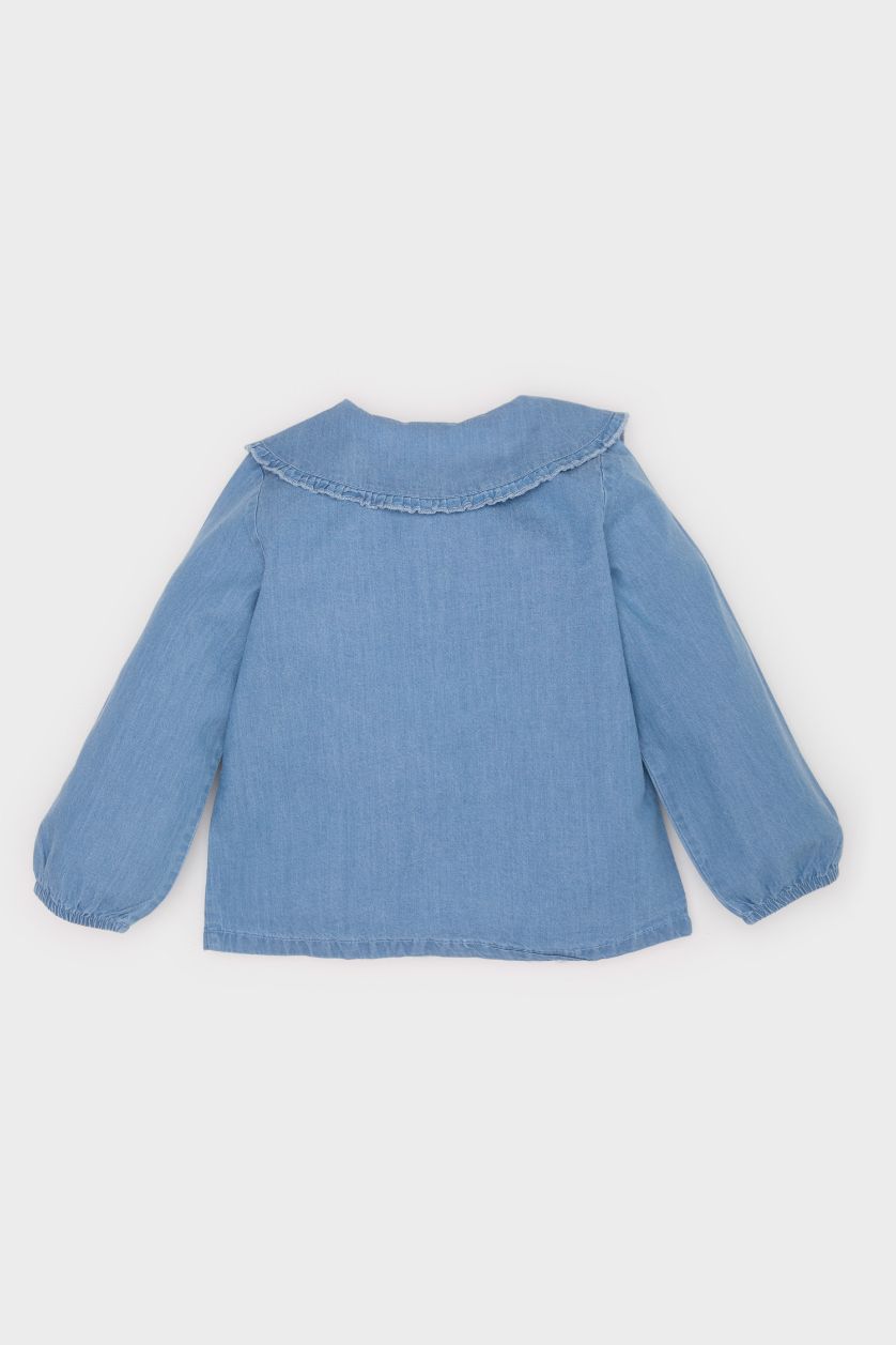 Kız Bebek Mavi Büyük Yaka Jean Görünümlü Uzun Kollu Gömlek Kız Bebek
