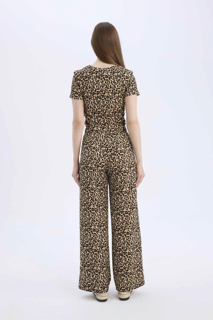 FEMME Noir Pantalon droit imprimé léopard avec poches