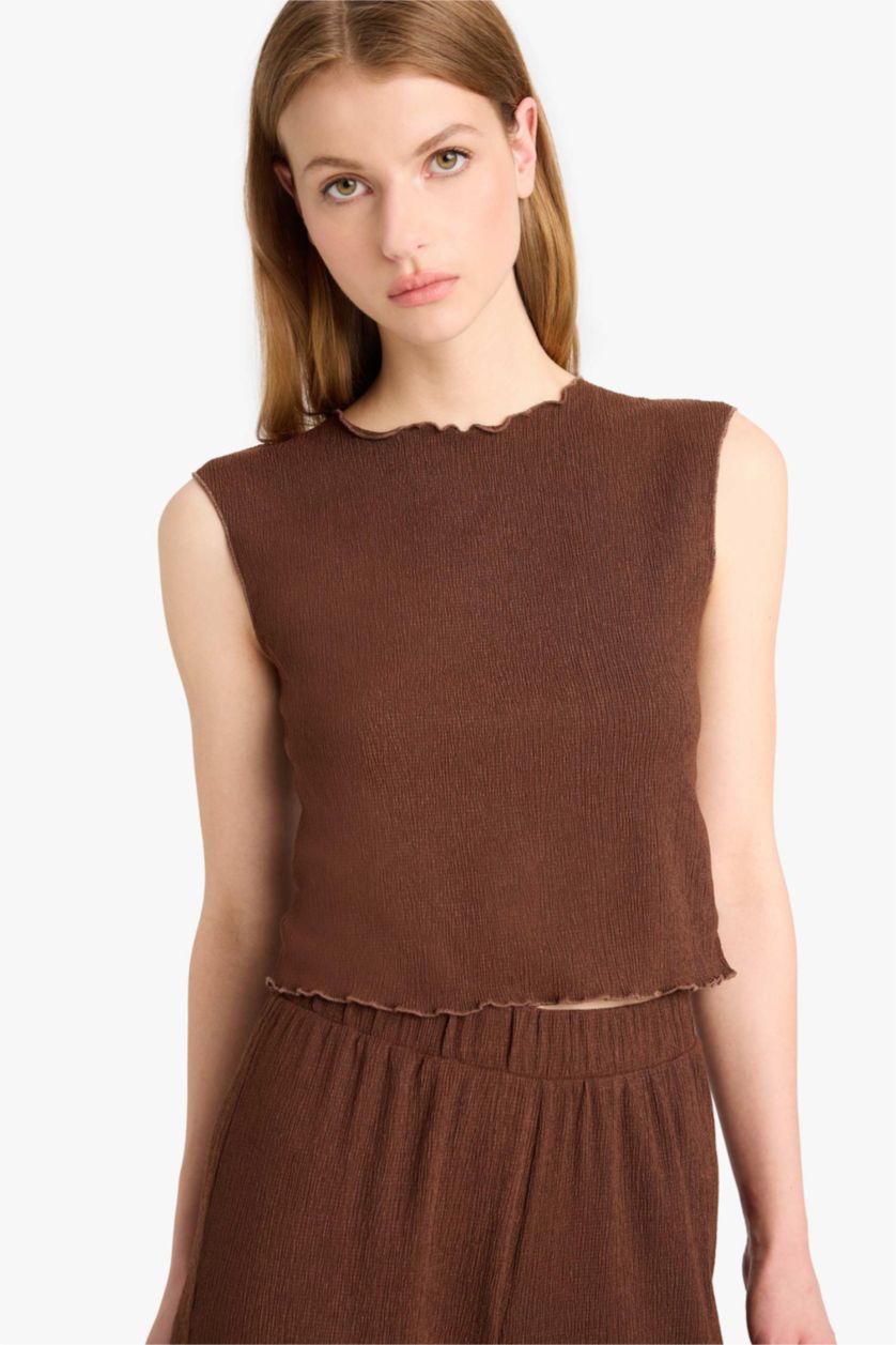 حريمي بني بلوزة كت منسوج قصة عادية برقبة مستديرة