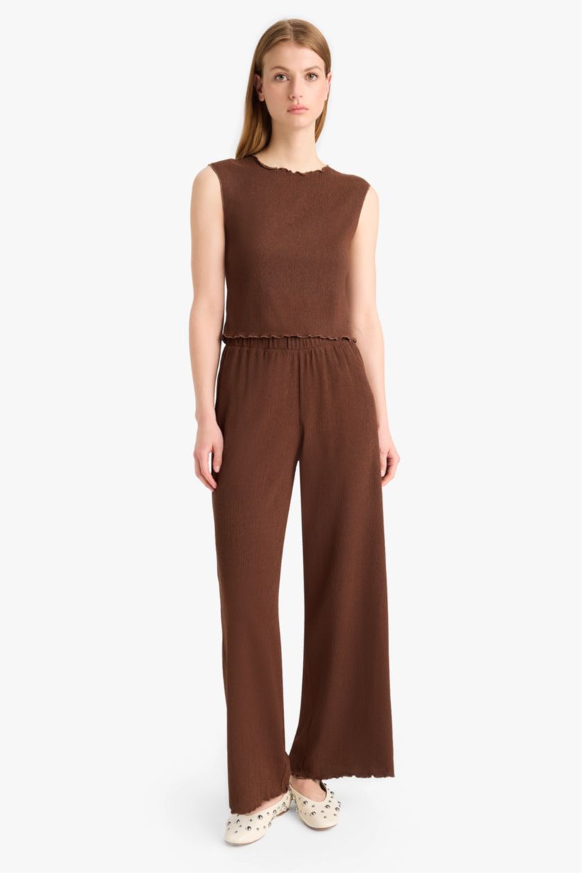 حريمي بني بلوزة كت منسوج قصة عادية برقبة مستديرة