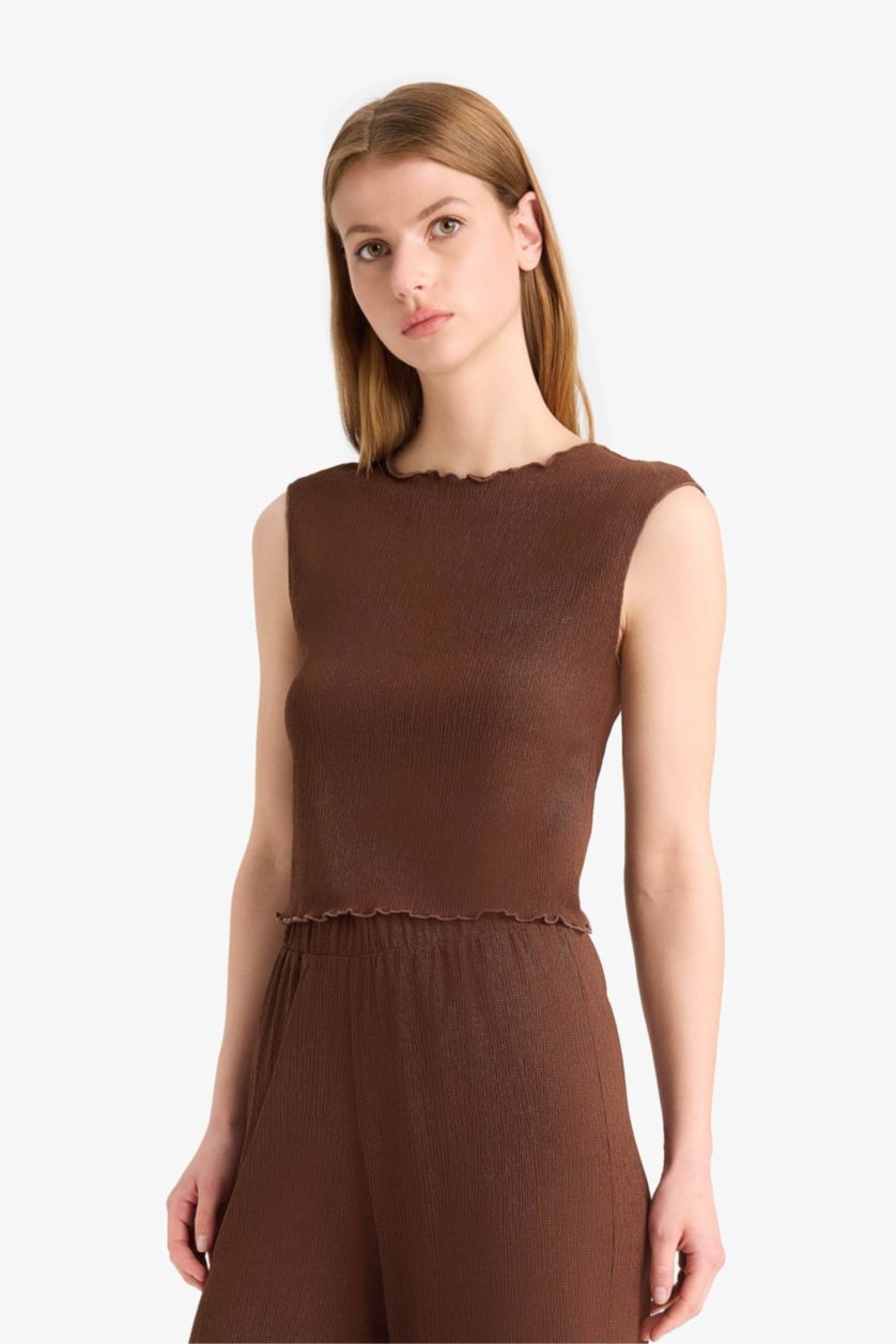 حريمي بني بلوزة كت منسوج قصة عادية برقبة مستديرة