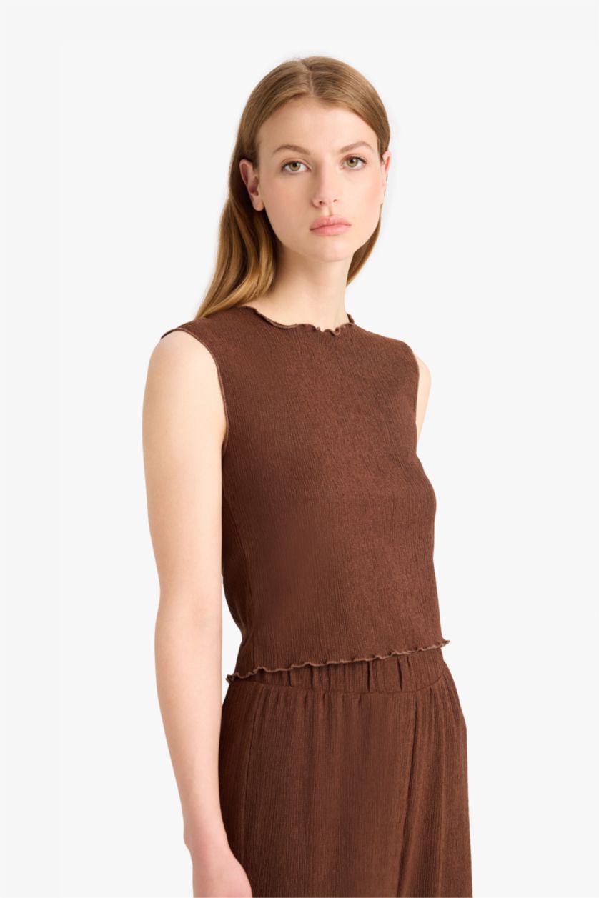 حريمي بني بلوزة كت منسوج قصة عادية برقبة مستديرة