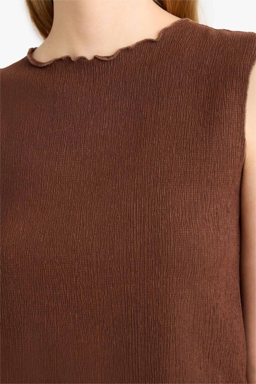 حريمي بني بلوزة كت منسوج قصة عادية برقبة مستديرة