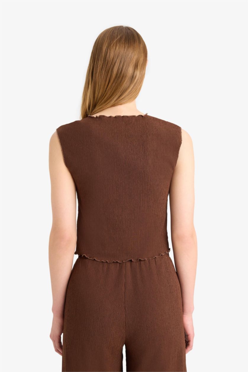 حريمي بني بلوزة كت منسوج قصة عادية برقبة مستديرة