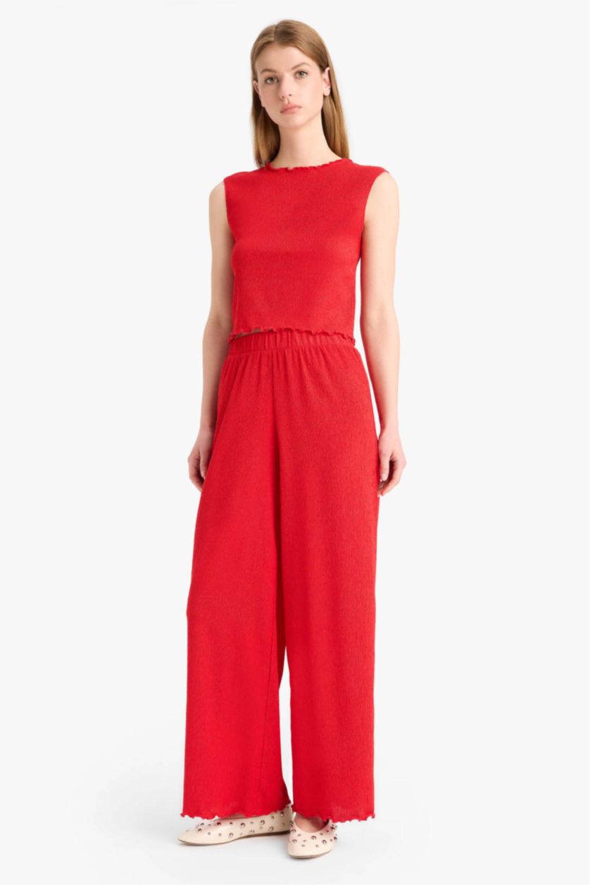WOMAN Red Wide Leg Wrinkled Trousers