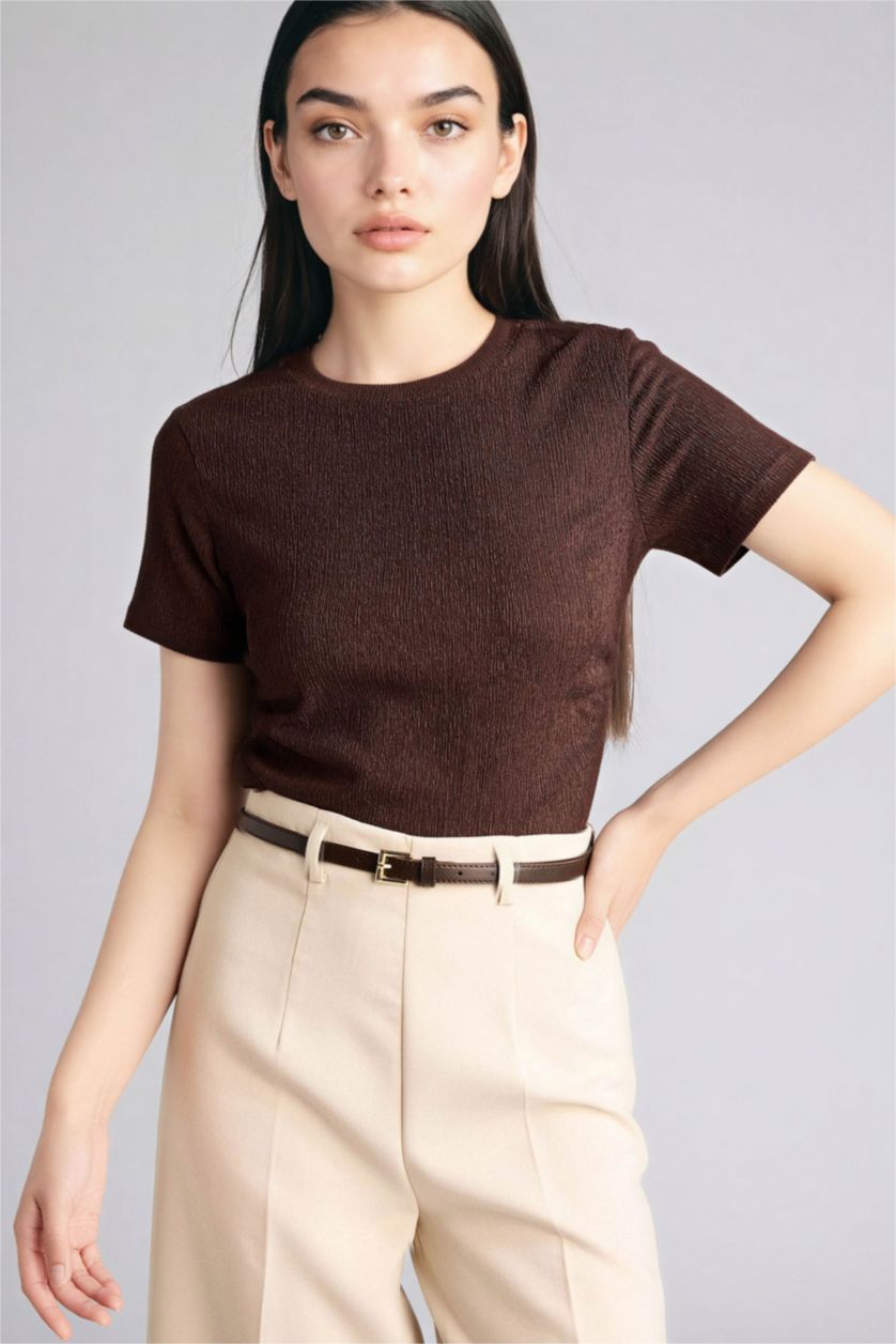 WOMAN Brown Slim Fit Crew Neck Crepe Short Sleeve T-Shirt