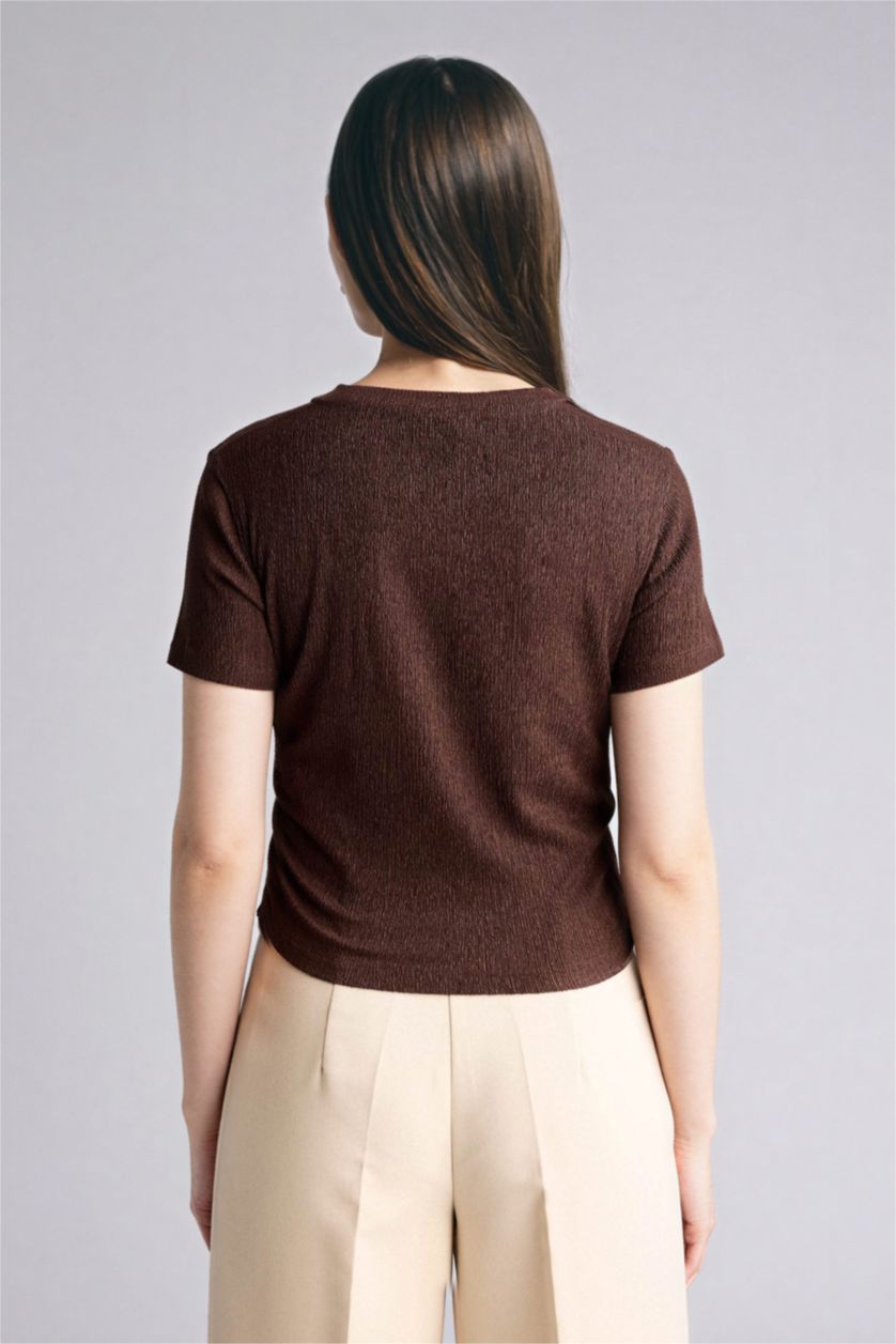 WOMAN Brown Slim Fit Crew Neck Crepe Short Sleeve T-Shirt
