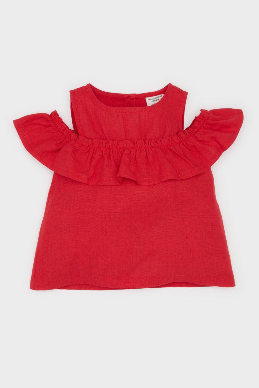 Kız Bebek Kırmızı Bisiklet Yaka Flamlı Poplin Kısa Kollu Bluz Kız Bebek