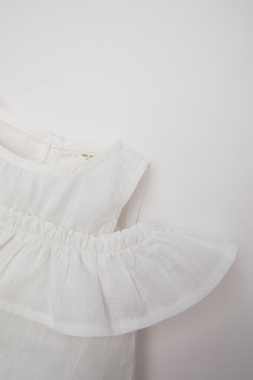 Kız Bebek Kırık Beyaz Bisiklet Yaka Flamlı Poplin Kısa Kollu Bluz Kız Bebek