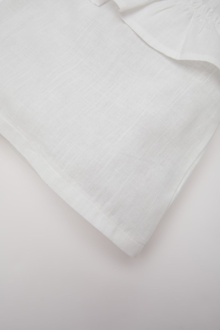 Kız Bebek Kırık Beyaz Bisiklet Yaka Flamlı Poplin Kısa Kollu Bluz Kız Bebek