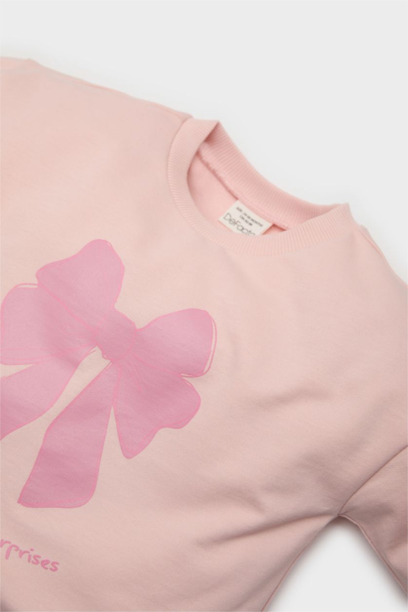 Kız Bebek Pembe Kız Bebek 2'li Takım Fiyonk Baskılı Sweatshirt Beli Lastikli Eşofman Altı