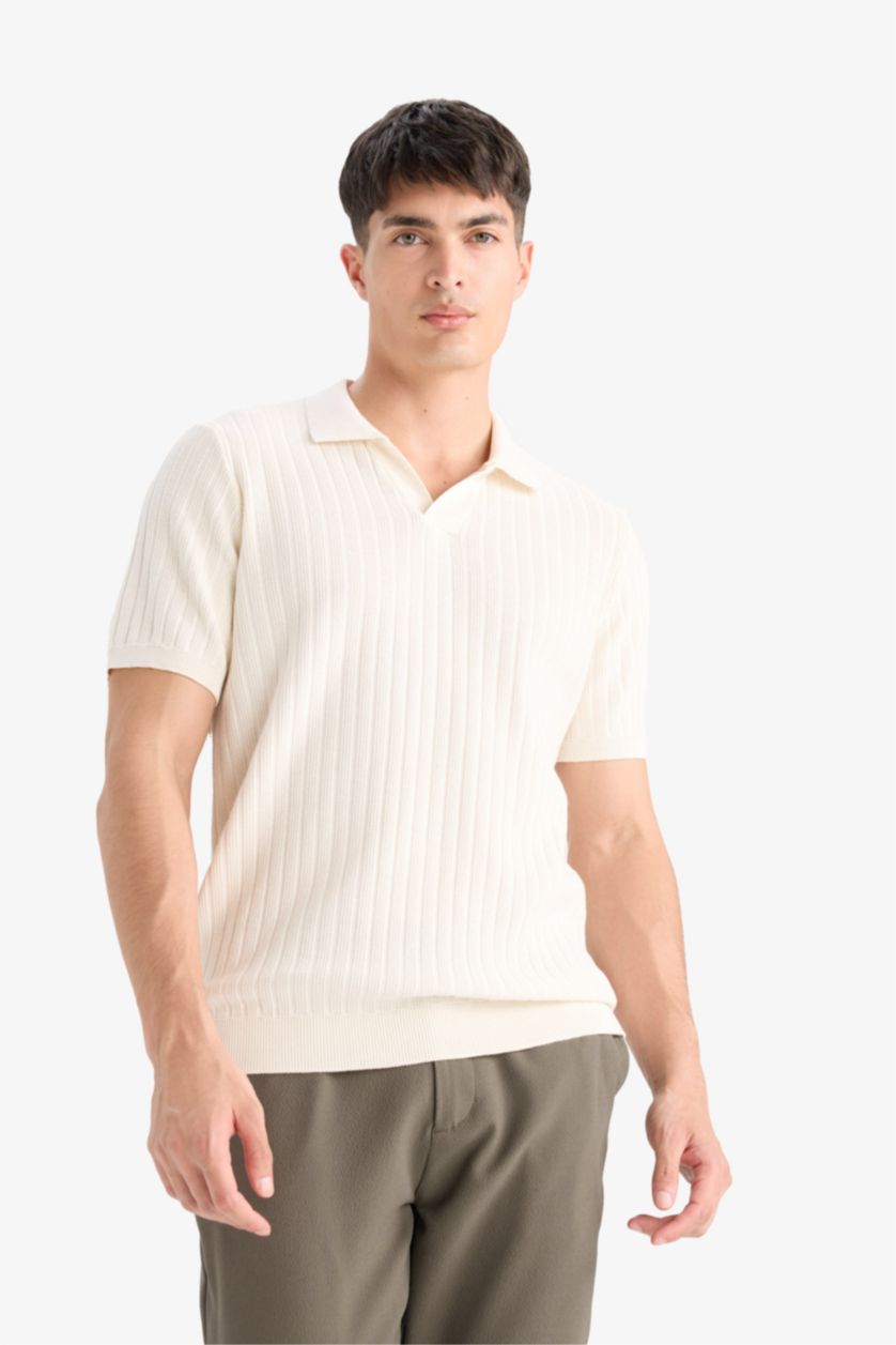 Erkek Ekru %100 Pamuk Standart Fit Polo Yaka Kısa Kollu Triko Tişört