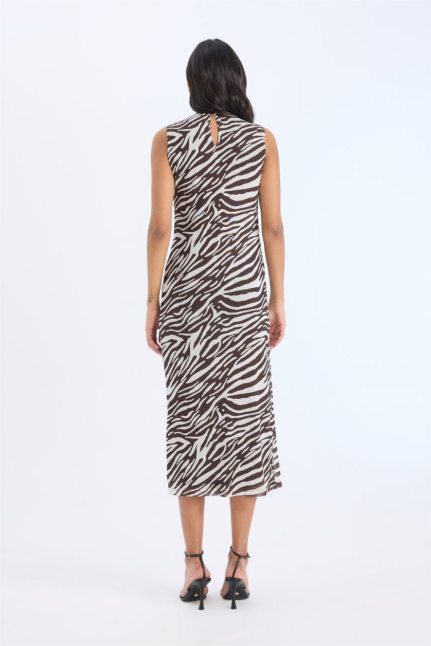 نساء بني فاتح فستان ميدي مطبوع ميش بديكون بياقة عالية بدون كم