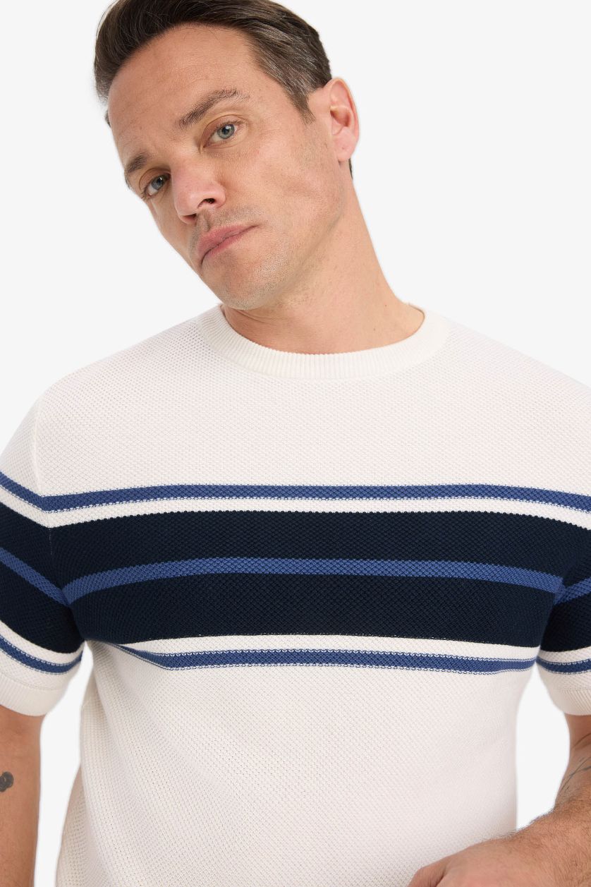 Erkek Ekru %100 Pamuk Standart Fit Bisiklet Yaka Kısa Kollu Triko Tişört