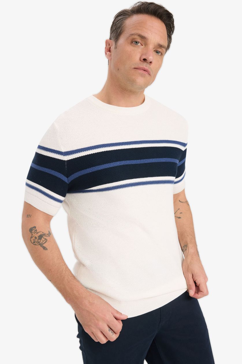 Erkek Ekru %100 Pamuk Standart Fit Bisiklet Yaka Kısa Kollu Triko Tişört