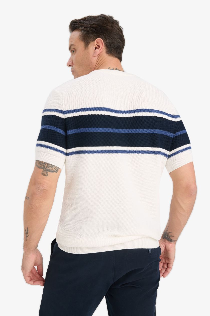 Erkek Ekru %100 Pamuk Standart Fit Bisiklet Yaka Kısa Kollu Triko Tişört