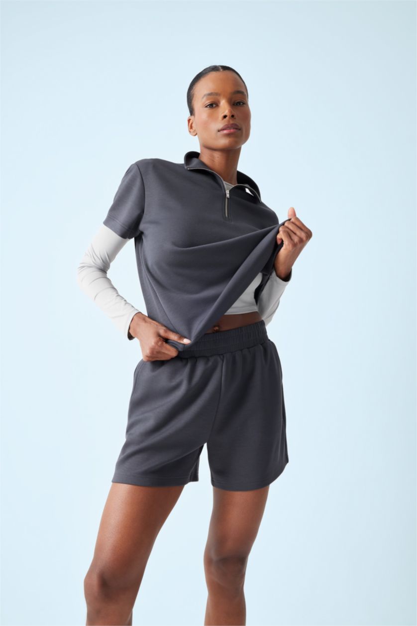 Kadın Antrasit Standart Fit Dik Yaka Modal Kısa Kollu Tişört