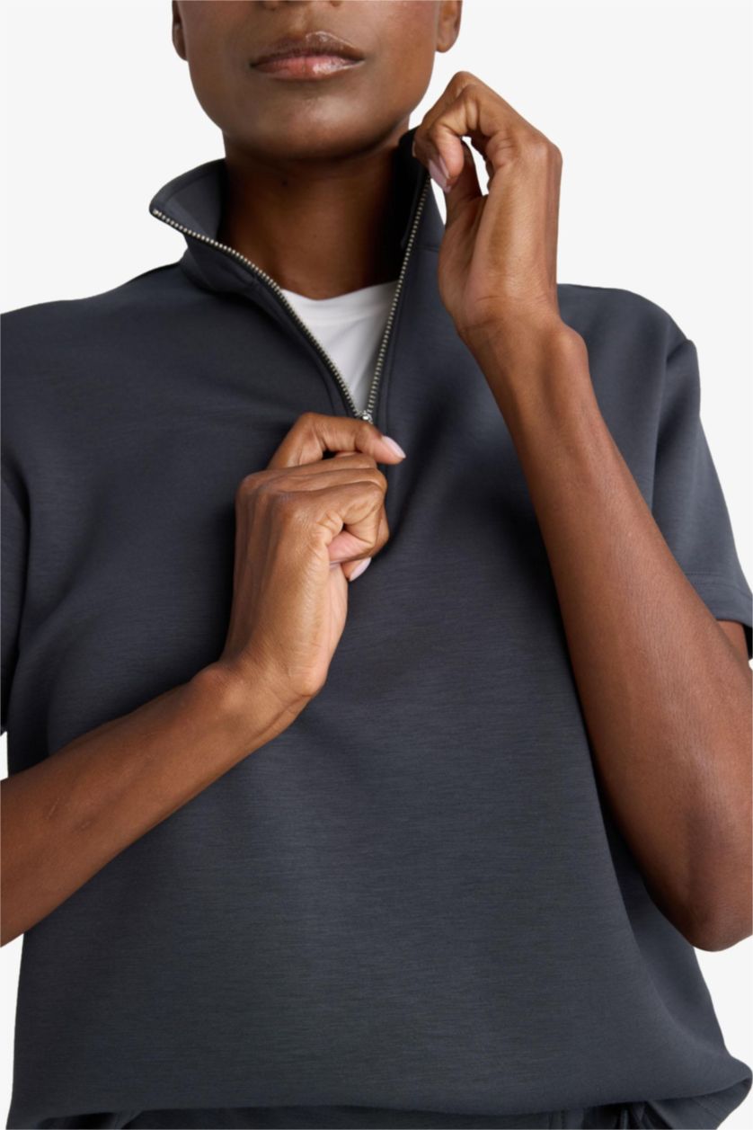 Kadın Antrasit Standart Fit Dik Yaka Modal Kısa Kollu Tişört