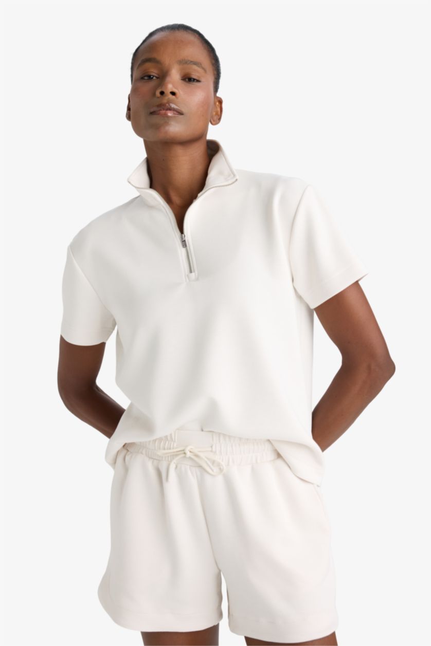 Женщины Бежевый Спортивная футболка с короткими рукавами, стандартная посадка, стоячий воротник DeFactoFit