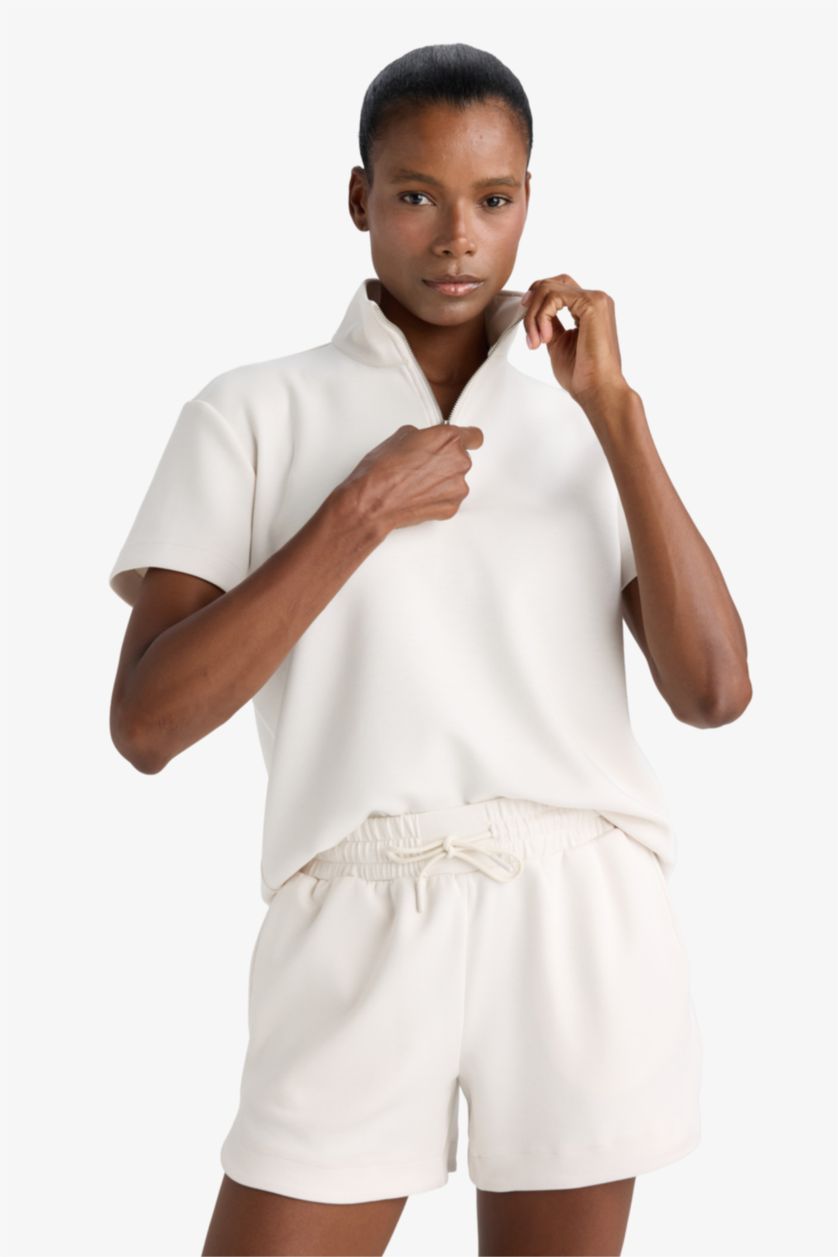 Женщины Бежевый Спортивная футболка с короткими рукавами, стандартная посадка, стоячий воротник DeFactoFit