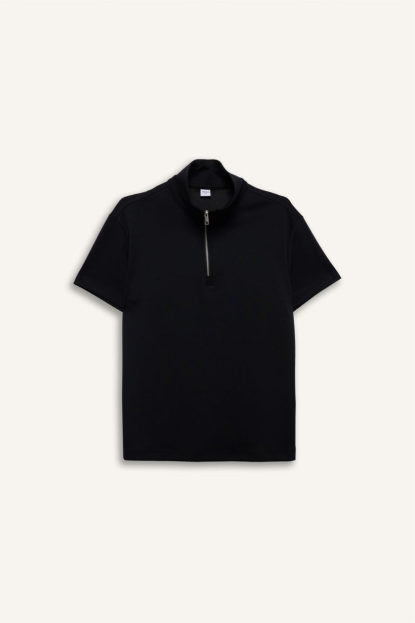 Kadın Siyah Standart Fıt Dik Yaka Sporcu Modal Kısa Kollu Tişört